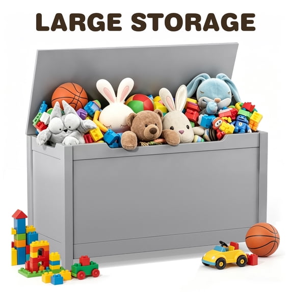 SESSLIFE Toy Storage Box with Lid, Wooden Toy Chest Seating Bench for Boys and Girls, Safety Hinged Storage Chest, Toy Organizer for Playroom Bedroom Entryway, Gray