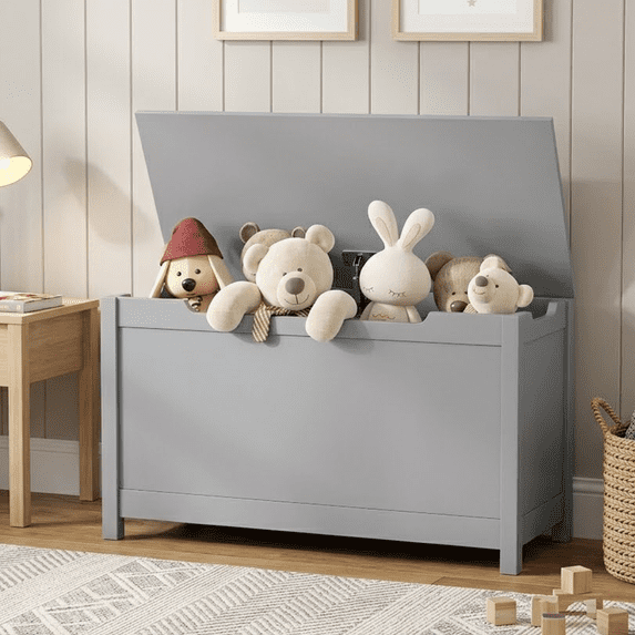 SESSLIFE Toy Storage Box, Wooden Toy Box and Storage Chest with Seating Bench, Toy Chest with Safety Hinged Lid, Gift for Boys Girls