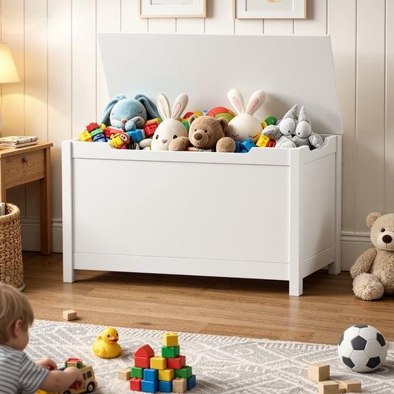 SESSLIFE Kids Wooden Toy Box with Safety Hinged Lid, White Toy Storage Organizer Toy Bench for Ages 2 and Up, Toy Chest for Playroom Bedroom Nursery