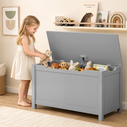 SESSLIFE Kids Toy Storage for Boys Girls, Wooden Toy Box with Safety Hinged Lid, Toy Organizer for Playroom Bedroom Toddler Room, Ages 2 and Up, Gray