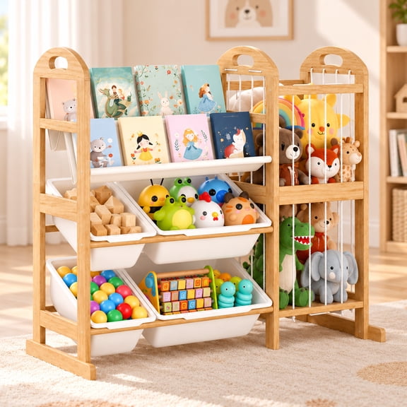SESSLIFE 3-in-1 Toy Storage Organizer with Bookshelf and Stuffed Animal Storage, Kids Bookshelf with 4 Removable Bins, Wooden Toy Organizer for Playroom, Bedroom, Nursery, Natural