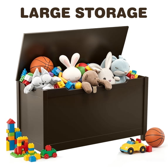 SESSLIFE Toy Storage Box with Lid, Wooden Toy Chest Seating Bench for Boys and Girls, Safety Hinged Storage Chest, Toy Organizer for Playroom Bedroom Entryway, Espresso