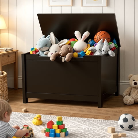 Toy Storage Box with Lid, SESSLIFE Wooden Toy Chest Seating Bench for Boys and Girls, Safety Hinged Storage Chest, Toy Organizer for Playroom Bedroom Entryway, Espresso