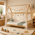 thumbnail image 1 of SESSLIFE Twin House Bed Frame for Boys Girls, Solid Wood Kids Bed with End Guardrails, 13 Slats, No Box Spring Needed, Natural, 1 of 8