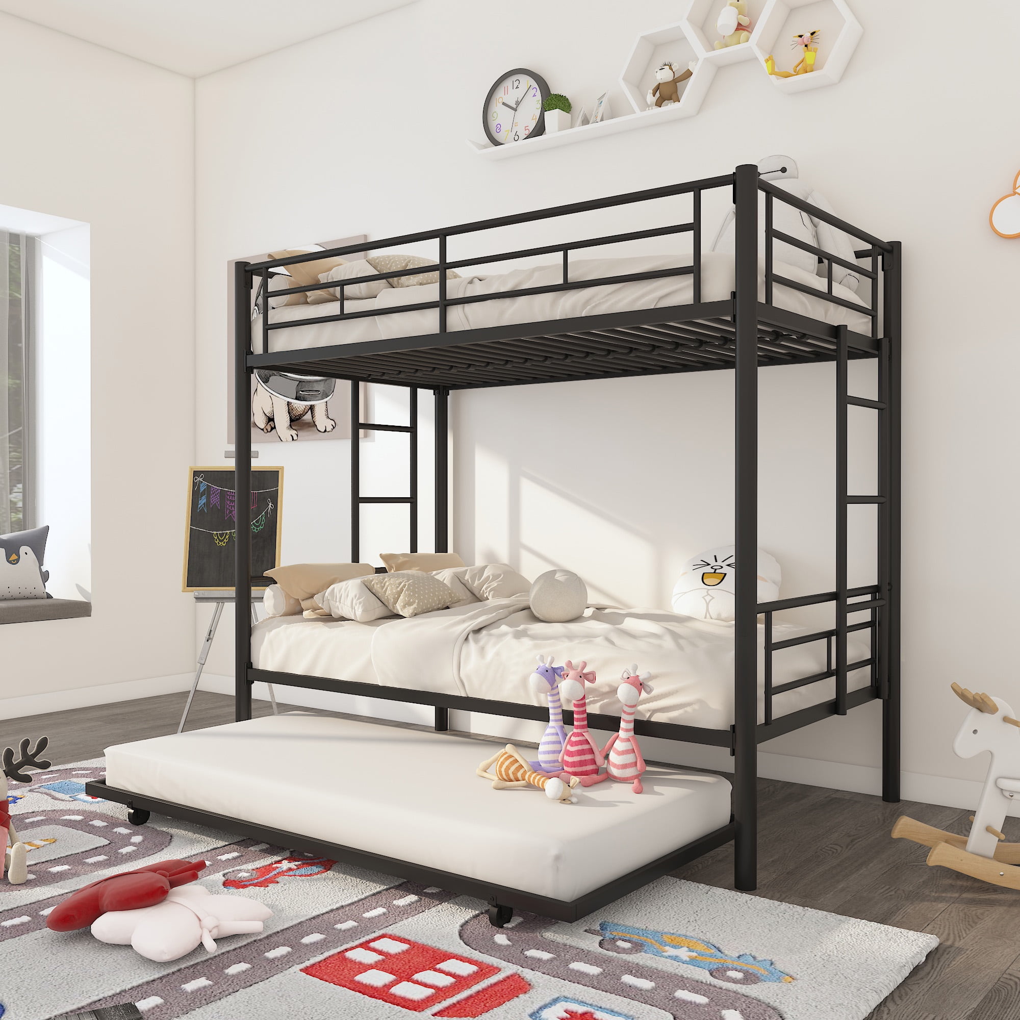 SESSLIFE Twin Over Twin Bunk Bed Frame with Trundle, Black Metal Bed