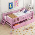 thumbnail image 1 of SESSLIFE Twin Platform Bed with Guardrail and 2 Drawers, Kid Bed Frame with Fence Railings, No Box Spring Needed, Solid Wood Slats Supported Bed for Children (Pink), 1 of 6