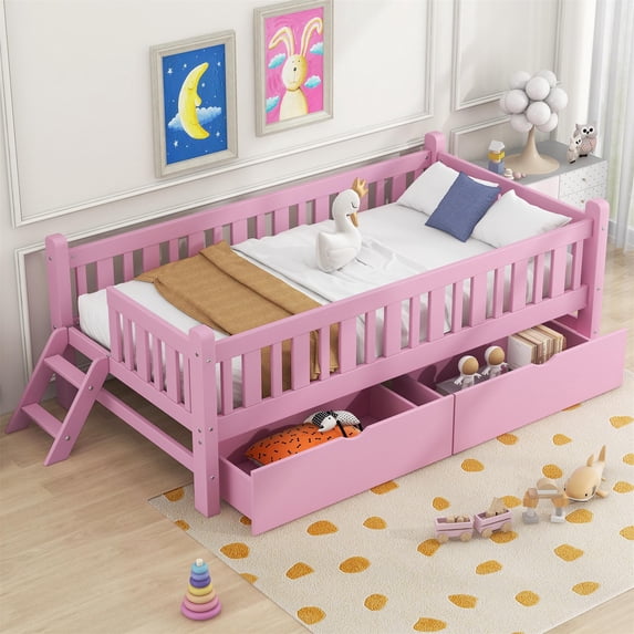 SESSLIFE Twin Platform Bed with Guardrail and 2 Drawers, Kid Bed Frame with Fence Railings, No Box Spring Needed, Solid Wood Slats Supported Bed for Children (Pink)