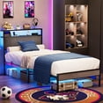 thumbnail image 1 of ENYOPRO Twin Bed Frame with LED Light and USB Charging Station, Heavy Duty Platform Bed Frame with 2-Tier Storage Headboard, No Box Spring Needed, Strong Steel Slats, Noise Free, Gray+Brown, 1 of 12