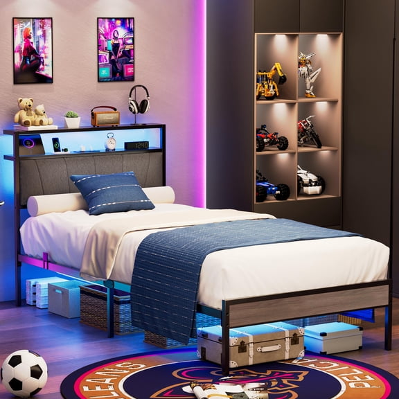 ENYOPRO Twin Bed Frame with LED Light and USB Charging Station, Heavy Duty Platform Bed Frame with 2-Tier Storage Headboard, No Box Spring Needed, Strong Steel Slats, Noise Free, Gray Brown