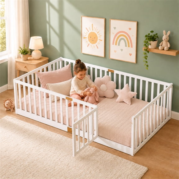 SESSLIFE Twin Montessori Floor Bed Frame with High Rails and Door, Wood Twin Floor Bed with Slats, Low Profile Kids Bed Frame for Boys Girls, No Box Spring Needed, White