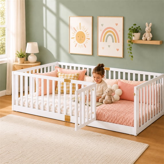 SESSLIFE Twin Montessori Floor Bed Frame with High Rails and Door, Wood Twin Floor Bed with Slats, Low Profile Kids Bed Frame for Boys Girls, No Box Spring Needed, White