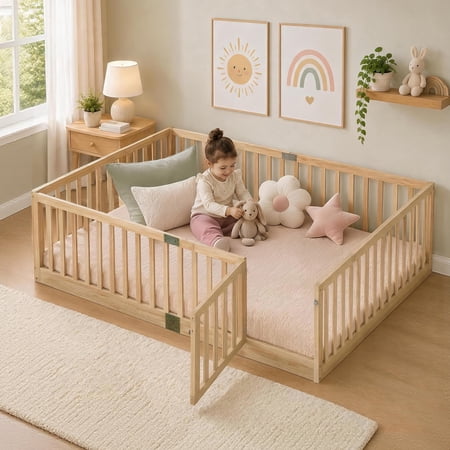 SESSLIFE Full Size Toddler Floor Bed, Montessor Floor Bed with Slats and High Guardrails, Solid Wood Bed Frame for Kids, Easy Assembly, Natural