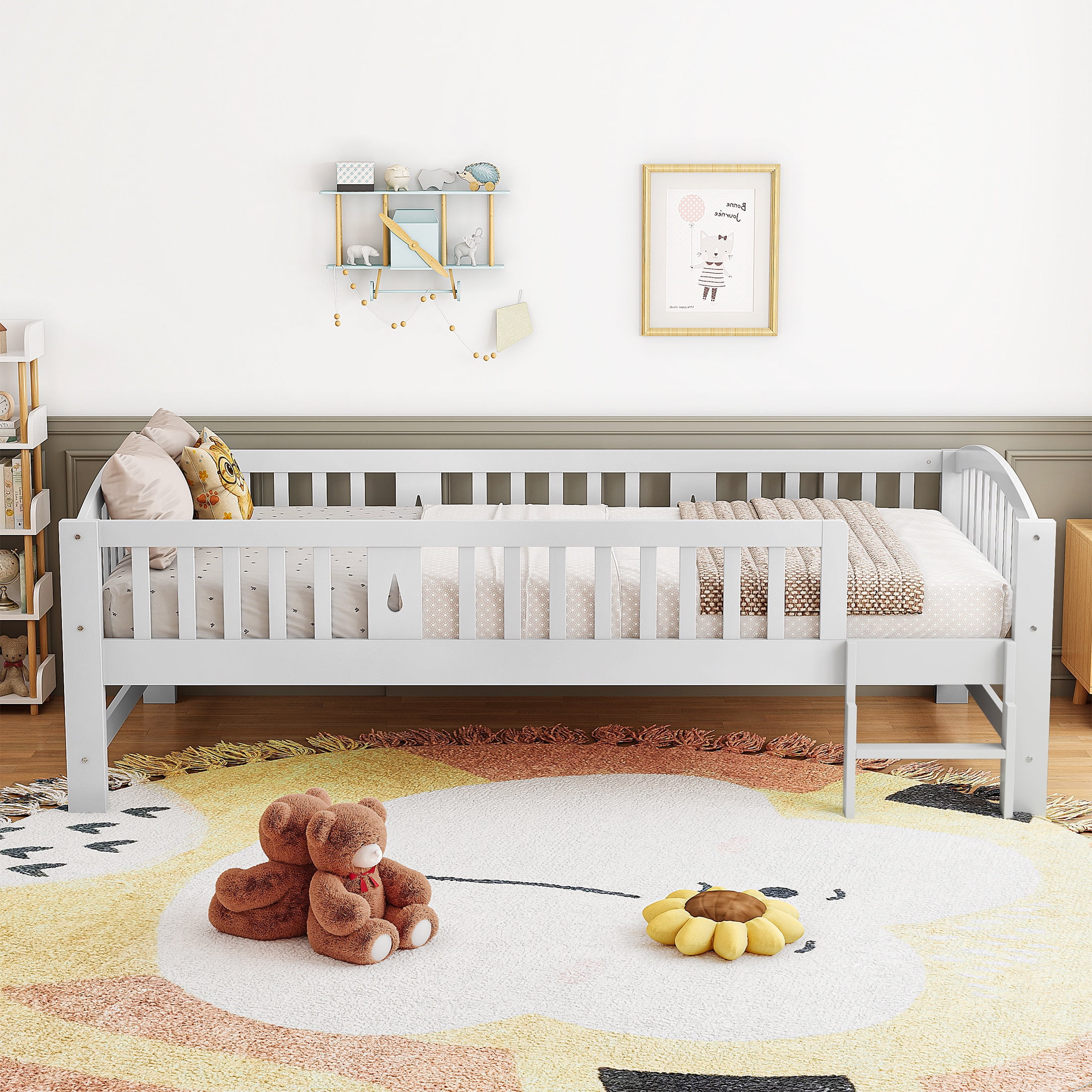 Sesslife Twin Platform Bed Frame, Solid Wood Montessori Bed with Safety Guardrails and Ladder, Twin Low Profile Bed with Slats for Boys Girls, No Box Spring Needed, Holds 400 lbs, Grey