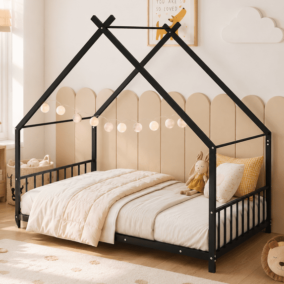 SESSLIFE Twin-Size House Bed, Metal Twin Platform Bed Frame, House-shaped Design, Tent Bed with Roof and Chimney for Bedroom, No Box Spring Needed, Easy Assembly,Black