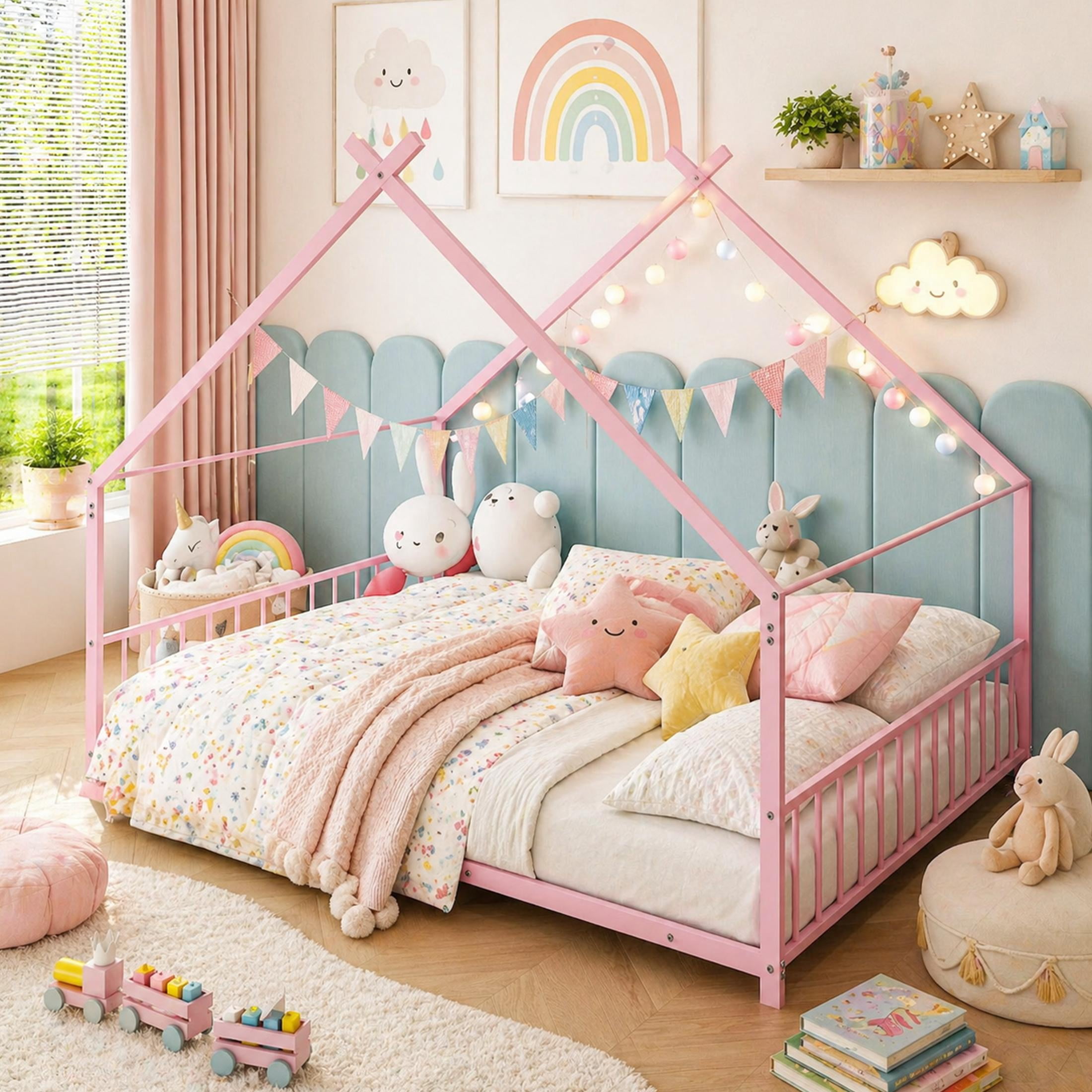 SESSLIFE Twin-Size House Bed, Metal Twin Platform Bed, House-shaped Design, Tent Bed with Roof and Chimney for Bedroom, No Box Spring Needed, Easy Assembly,Pink
