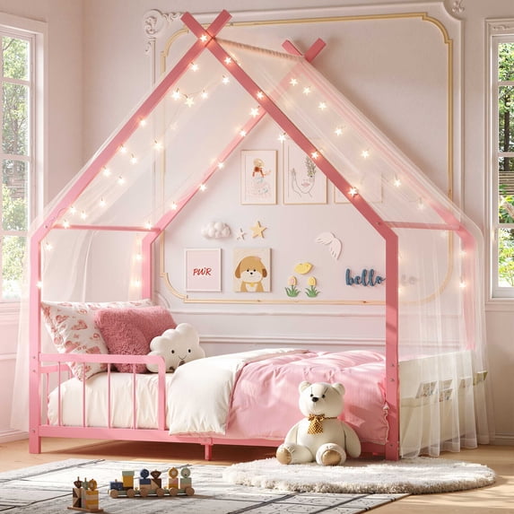 SESSLIFE Toddler Twin Bed for Kids, Metal Floor Bed with Roof, Storage Caddy and Guardrails, Toddler Bed Frames for Boys and Girls, No Box Spring Needed, Pink