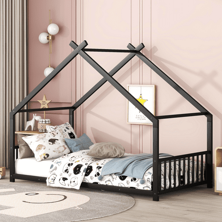 SESSLIFE Twin-Size House Bed, Metal Twin Platform Bed, House-shaped Design, Tent Bed with Roof and Chimney for Bedroom, Box Spring Needed, Easy Assembly,Black