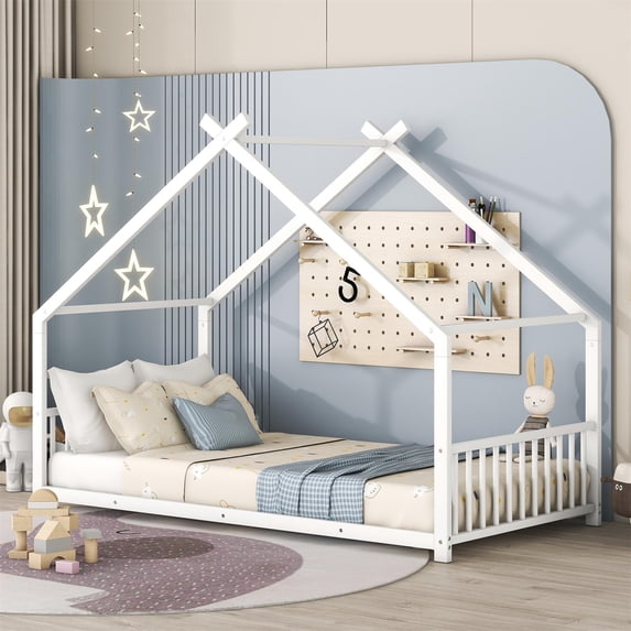 Twin House Bed with Roof and Chimney, Kids Floor House Bed Frame, Box Spring Needed, Easy Assembly, White