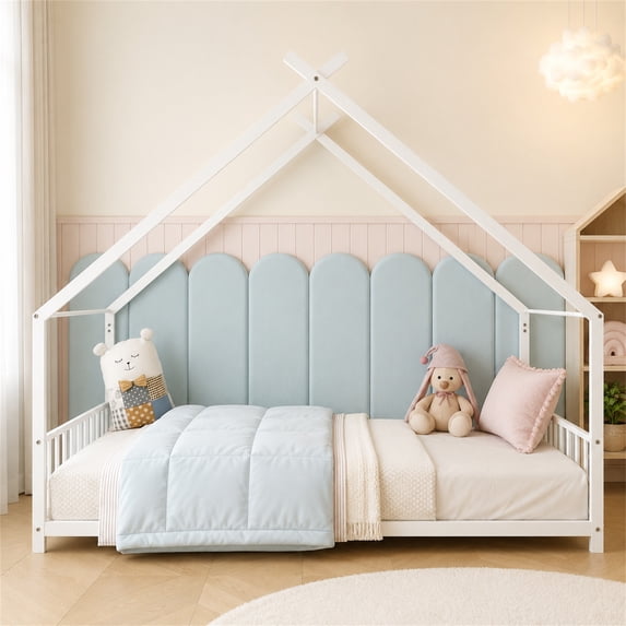 SESSLIFE Twin Size House Bed, Metal Floor Bed Frame with Roof and Guardrail, Montessori Floor Bed for Bedroom, House-shaped Design, No Box Spring Needed, Easy Assembly, White