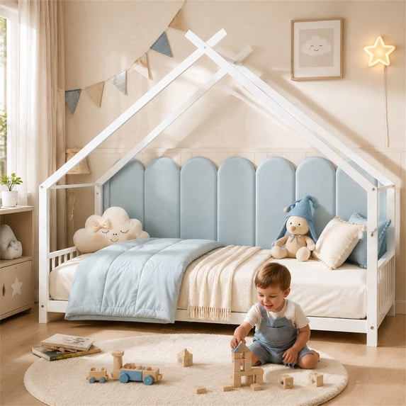SESSLIFE Montessori Floor Bed, Twin Size Toddler Bed with Roof and Guardrail, House-Shaped Design, No Box Spring Needed, Toddler Bed Frame for Kids, White