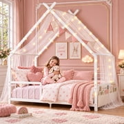 SESSLIFE Montessori Floor Bed, Twin Size Kids Bed Frame with Roof and Guardrail, House-Shaped Design, No Box Spring Needed, Bed Frame for Children, White