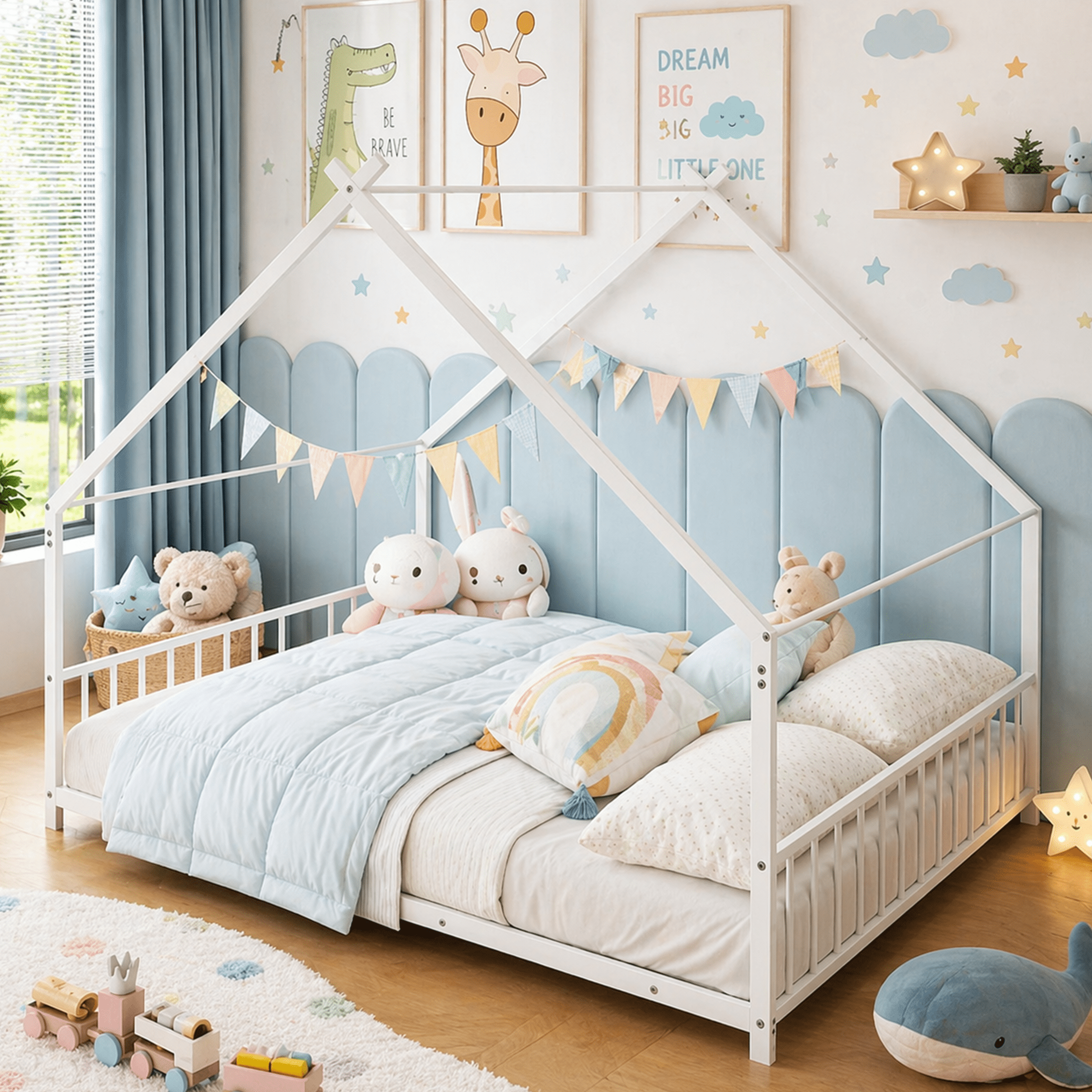 SESSLIFE Twin-Size House Bed, Metal Twin Platform Bed Frame, House-shaped Design, Tent Bed with Roof and Chimney for Bedroom, No Box Spring Needed, Easy Assembly,White
