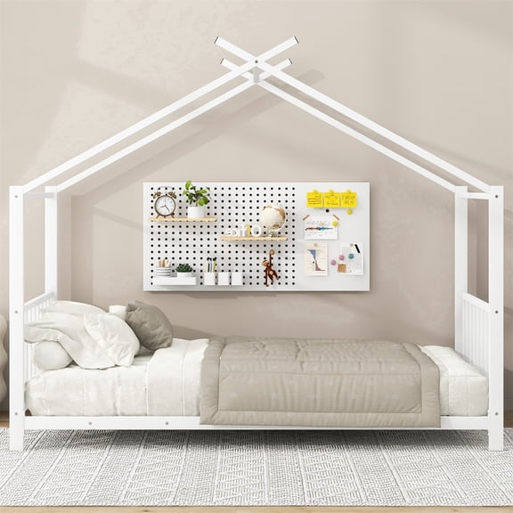 SESSLIFE Montessori Floor Bed, Twin Size Toddler Floor Bed with Roof and Guardrail, House-Shaped Design, No Box Spring Needed, Toddler Bed Frame for Kids, White