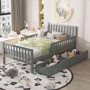 SESSLIFE Twin Size Kids Bed with Guardrails, Solid Wood Platform Bed Frame with 2 Storage Drawers, Twin Bed Frame for Girls and Boys, No Box Spring Needed, Gray