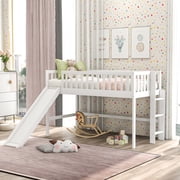 SESSLIFE Twin Size Loft Bed, Wood Bed with Slide, Guardrail, Ladder, No Box Spring Needed