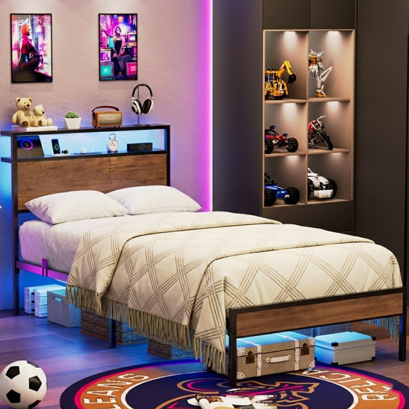 ENYOPRO Twin Bed Frame with LED Light and USB Charging Station, Metal Platform Bed with 2-Tier Storage Headboard, No Box Spring Needed, Strong Steel Slats, Noise Free, Brown