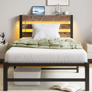 ENYOPRO Twin Bed Frame with LED Light and USB Charging Station, No Box Spring Needed Platform Bed, Mattress Foundation, Heavy Duty Steel Slat Support, Under-Bed Storage, Vintage Style