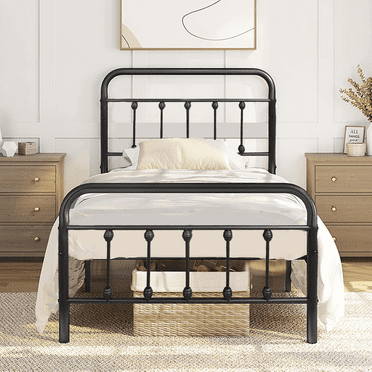 SESSLIFE Twin Size Bed Frame, Heavy Duty Platform Bed Frame with Headboard, No Box Spring Needed, Strong Steel Slats, Noise Free, Black