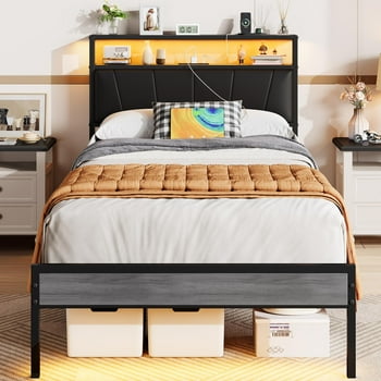 ENYOPRO Twin Bed Frame with LED Light and USB Charging Station, Heavy Duty Platform Bed Frame with 2-Tier Storage Headboard, No Box Spring Needed, Strong Steel Slats, Noise Free, Black+Gray