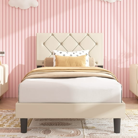 Sesslife Twin Bed Frame, Faux Leather Platform Bed Frame with Adjustable Headboard, Mattress Foundation, Holds 400LBS, No Box Spring Needed, Easy Assembly, White