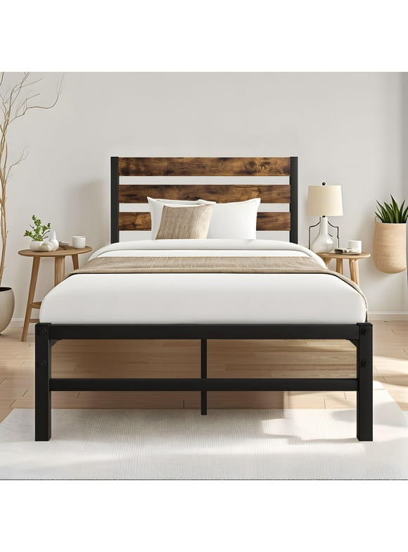 SESSLIFE Twin Size Platform Bed Frame with Wood Headboard and Metal Slats, Rustic Country Style Mattress Foundation, Strong Metal Slats Support, Easy Assembly, Black