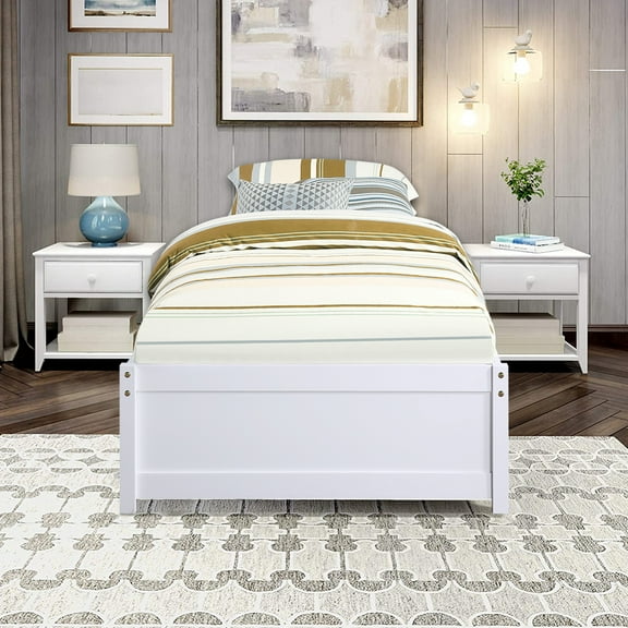 SESSLIFE Twin Size Platform Bed with 2 Drawers, Rustic Country Style, Storage Platform Bed with Strong Slats Support, Easy Assembly, White