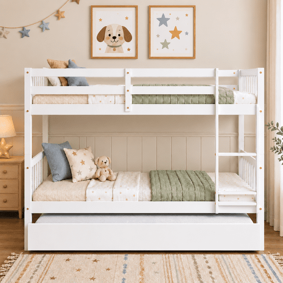 SESSLIFE Twin Over Twin Bunk Bed with Trundle, Convertible Wood Bunk Bed Frame with Ladder & Safety Guardrail, Separates into 2 Twin Beds, Space-Saving for Kids Bedroom, Guest Room, White