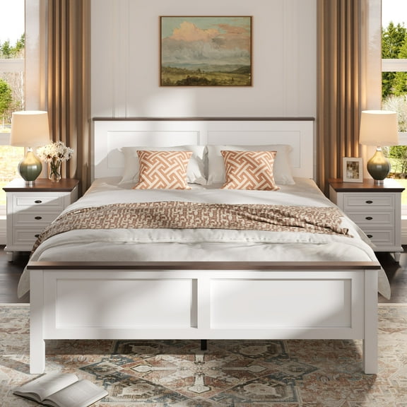 SESSLIFE Queen Size Bed Frame, Wood Platform Bed Frame with Headboard and Footboard, Farmhouse Style Queen Bed Frame with Storage Wood Slat Support, Holds 600 lb, No Box Spring Needed, White