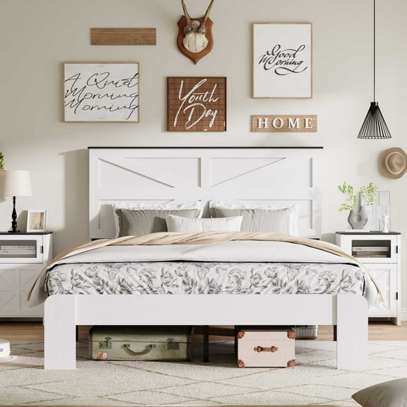SESSLIFE Queen Size Bed Frame, Wooden Platform Bed Frame with Headboard, Farmhouse Queen Bed with Metal Slat Support, No Box Spring Needed, Noise-Free, 800lbs Capacity, White