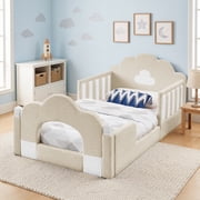 SESSLIFE Upholstered Twin Size Floor Bed with Cloud Headboard, Twin Platform Bed with Safety Guardrails, Solid Wood Frame, Low Profile Montessori Bed for Little Boys Girls, Camel