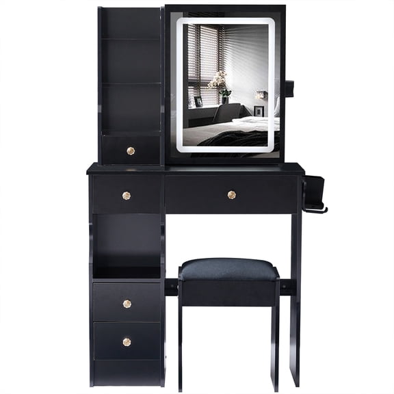 SESSLIFE Vanity Desk with Mirror and Lights, Modern Vanity Desk with Storage and Stool, Makeup Vanity with USB Ports for Small Spaces, Black