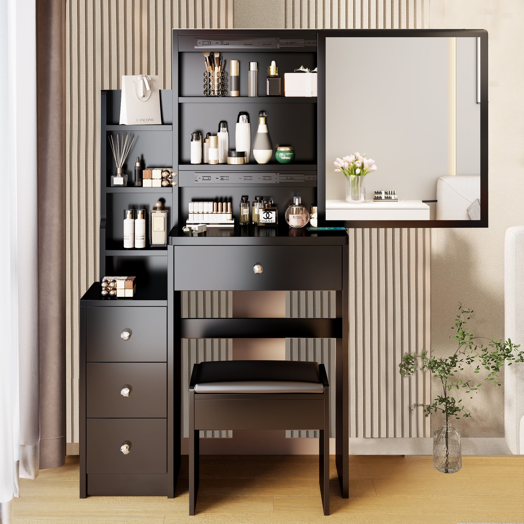 SESSLIFE Vanity Set with Sliding Mirror, Black Makeup Desk with Drawers