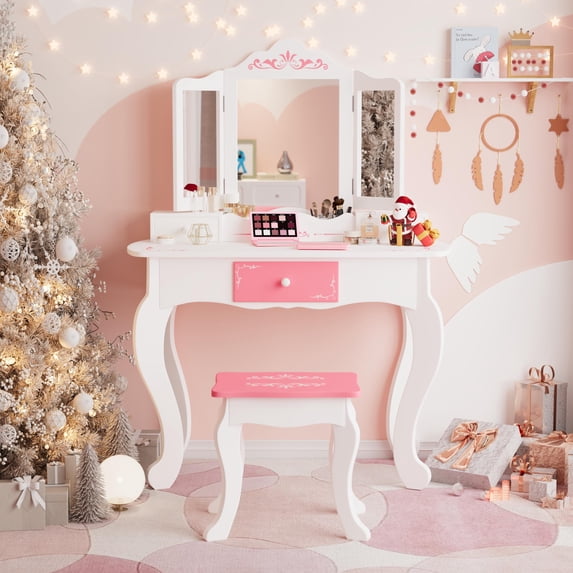 SESSLIFE Vanity Sets for Girls, Vanity Play Set with Drawers, Dressing Table Dresser Wooden Toy Makeup Vanity Table & Stool with 3 Foldable Mirror, White