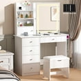 thumbnail image 1 of White Vanity Set with Mirror and Lights, Sesslife Makeup Vanity Desk with Charging Station and Storage Stool, Modern Dressing Table with 4 Drawers, 3 Open Shelves, Makeup Desk Set for Women Girls, 1 of 11