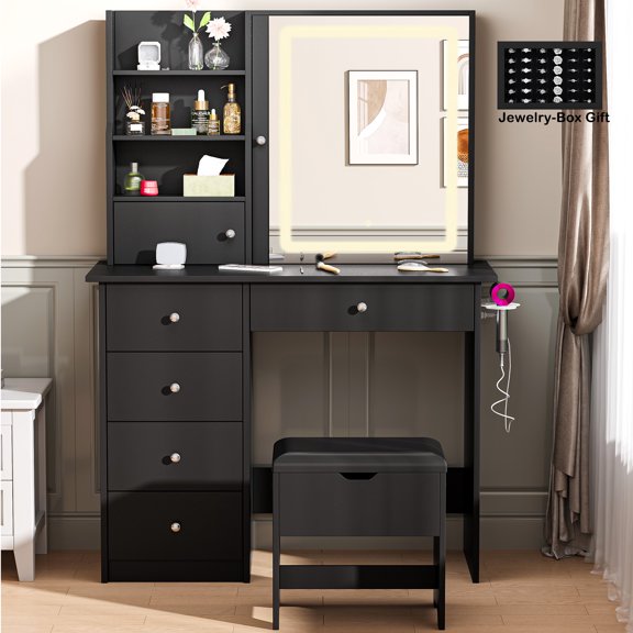 VEANERWOOD Black Makeup Vanity with LED Lights, Power Strip, 4 Drawers ...