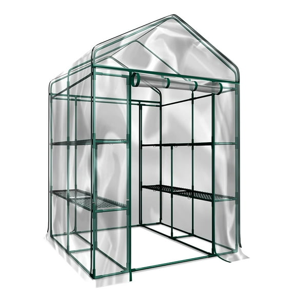 SESSLIFE Walk in Greenhouse, Portable Green House with 2 Tiers 8 Shelves, Roll-up Zipper Door and PE Cover, Transparent Greenhouse for Outdoors Indoor, TE2433