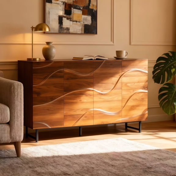 SESSLIFE Walnut Credenza Storage Cabinet, 59 Inch Modern Sideboard with Adjustable Shelves and Metal Base, Accent Cabinet for Dining Room