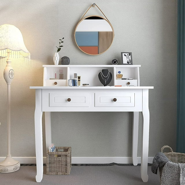 SESSLIFE White Desk with Drawers, Wood Writing Desk for Home Office