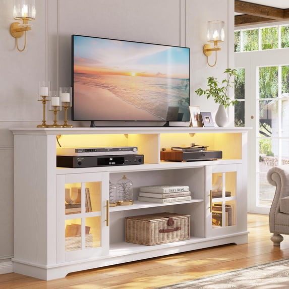 PAPROOS White TV Stand for 70 Inch TV, Modern Farmhouse TV Cabinet with LED Light, Entertainment Center, Media Console Table with Storage for Living Room