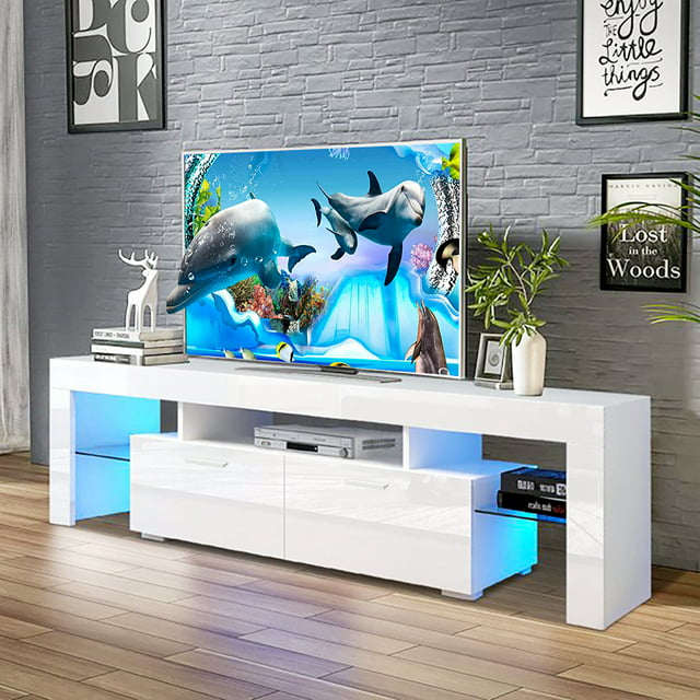 SESSLIFE White TV Stand for 70 Inch TV, Modern TV Cabinet with 16 Color LED Light